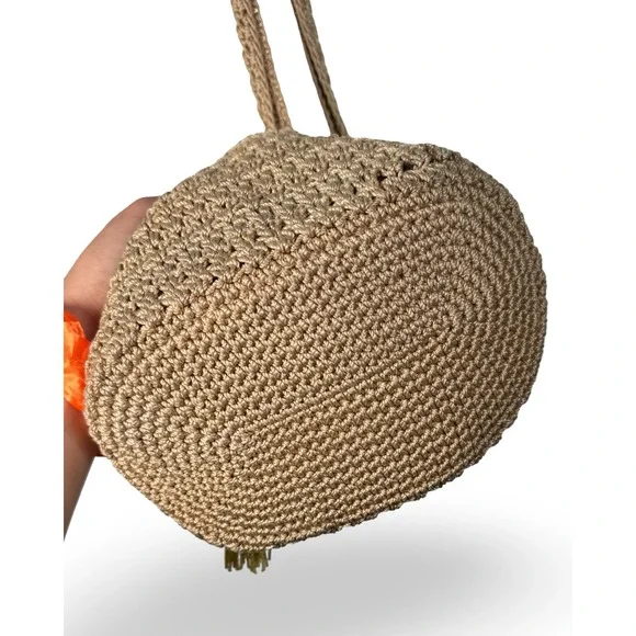 The Sak Crochet Hobo Bag Tan Neutral Boho Shoulder Bag with Yellow Tassel - Picture 3 of 8